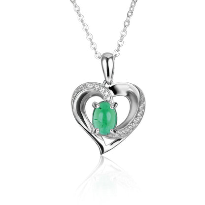 Women's Sterling Silver Channel Setting Hollow Heart Shape Pendant with Oval Brilliant Cut Emerald Gem
