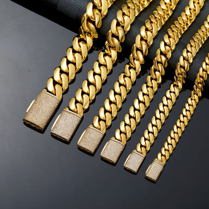 Men’s Gold Stainless Steel Thin Cuban Link Bracelet, Flip Clasp with Rhinestones Fashion Hip Hop Wrist Jewelry