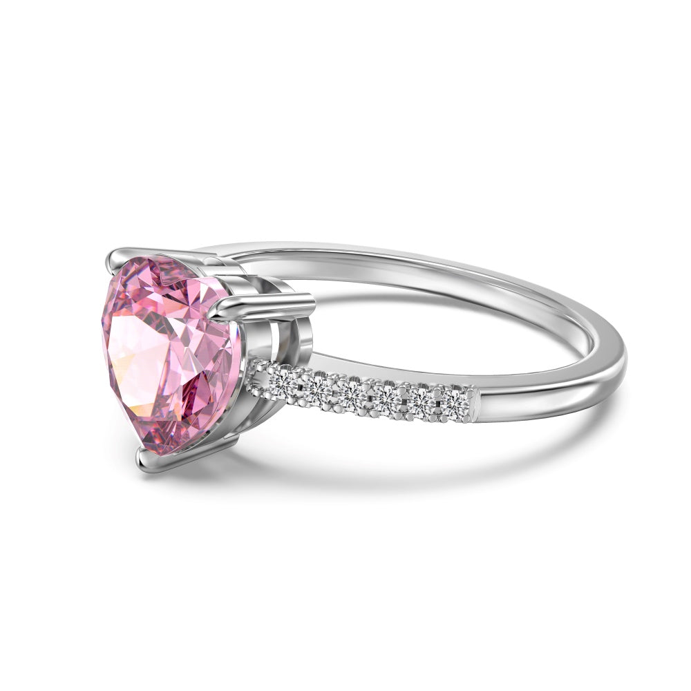 Women's Pink Heart Shape Zirconia Center Stone Four Prong Paved Ring, S925 with White Gold Plating