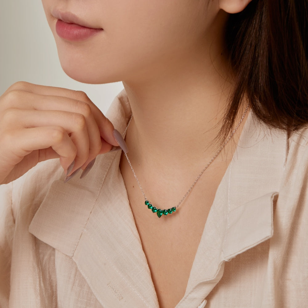 Women's Teardrop Heart Pendant Necklace, Inlaid Emerald Green Sapphire, S925 with White Gold Plating