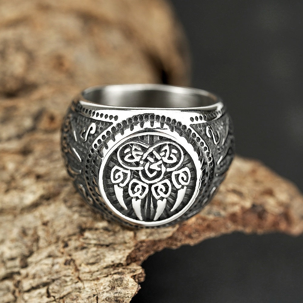 Vintage Nordic Stainless Steel Viking Bear Paw Rune Ring for Men, Hip Hop Style