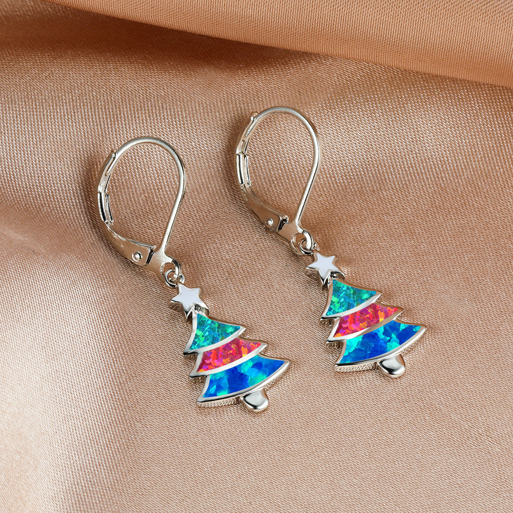 Women's Christmas Tree Color Opal Dangle Earrings, Gold / White Gold Plating
