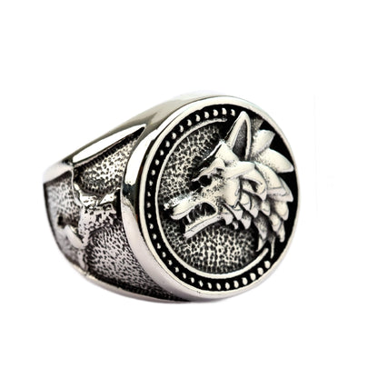 Vintage Solid Stainless Steel Viking Odin Wolf Head Round Ring for Men