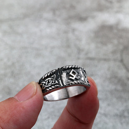 Vintage Solid Stainless Steel Viking Rune Round Ring for Men
