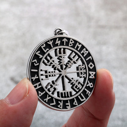 Vintage Stainless Steel Men's Viking Compass Double Sided Pendant Necklace