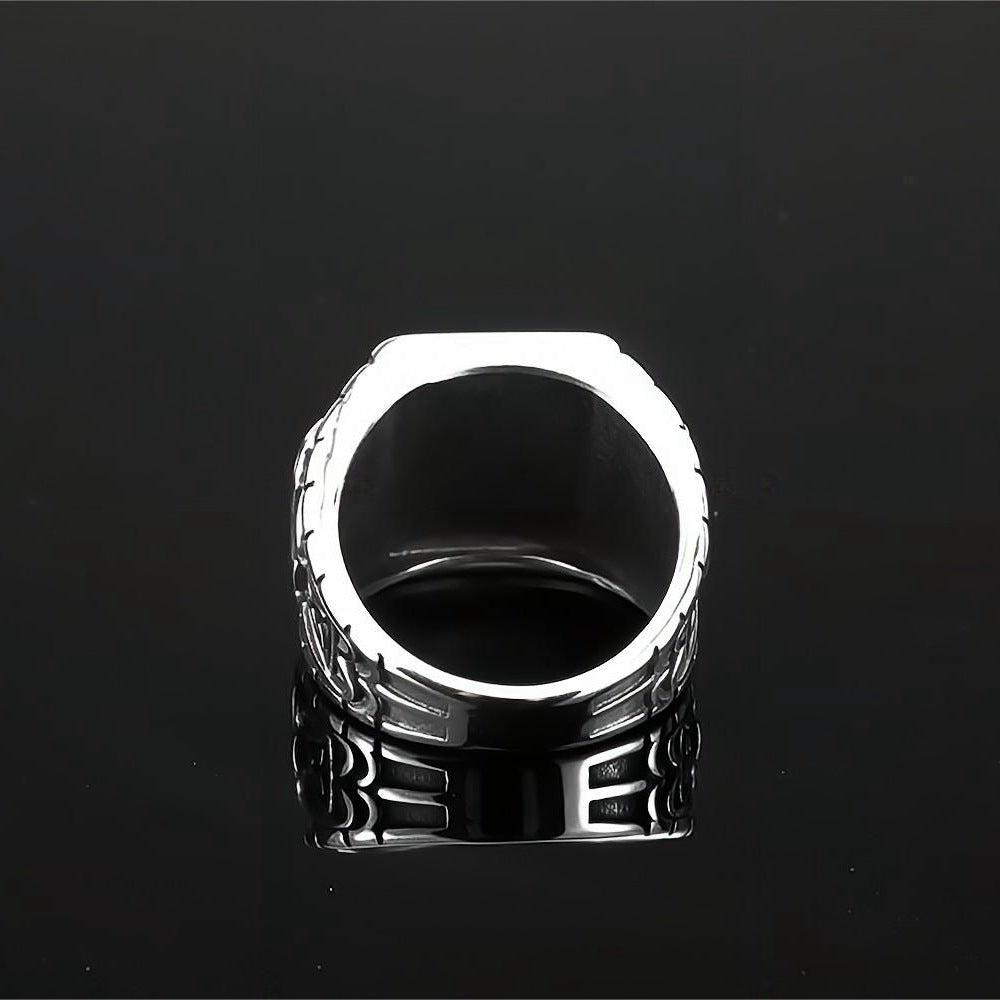 Vintage Antique Finish Stainless Steel Engraved Anchor Viking Triangle Symbol Hexagon Ring for Men
