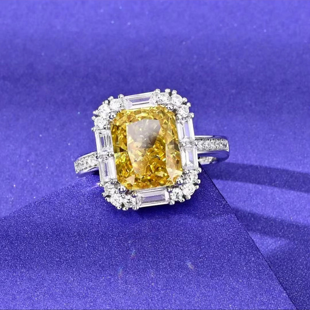 Women's White Gold Rectangle Yellow Gem Adjustable Halo Ring