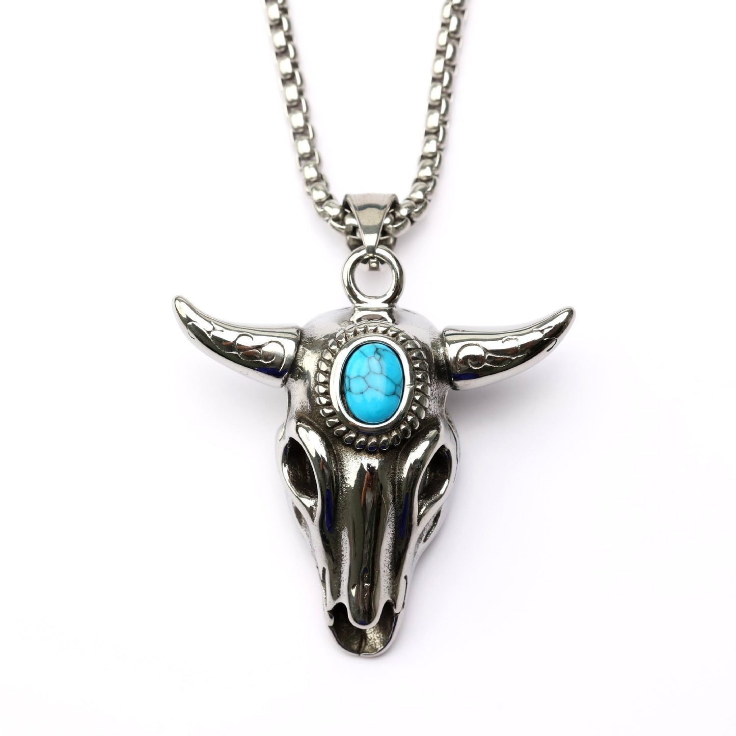 Vintage Stainless Steel green Head Pendant Necklace for Men with Inlaid Blue Stone