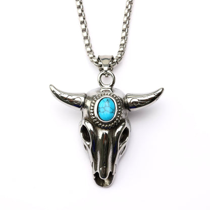 Vintage Stainless Steel green Head Pendant Necklace for Men with Inlaid Blue Stone