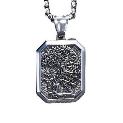 Men's Steel Two Tone Tree of Life Square Tag Pendant Necklace