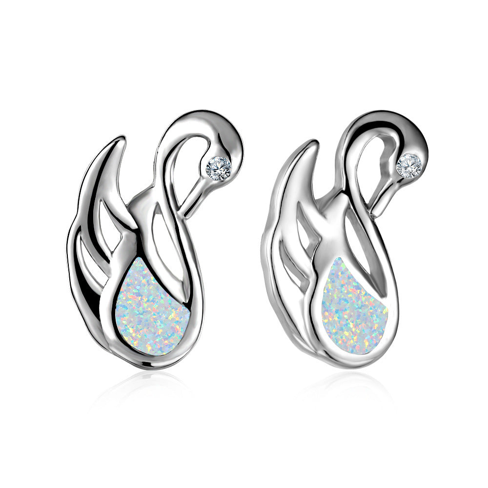 Women's Swan‑Shape Teardrop Opal With Zirconia Accent Stud Earrings, with White Gold Plating