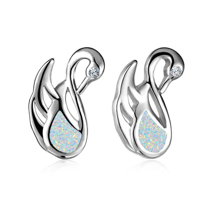 Women's Swan‑Shape Teardrop Opal With Zirconia Accent Stud Earrings, with White Gold Plating