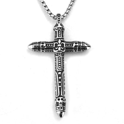 Vintage Stainless Steel Gothic Punk Engraved Pattern Cross Pendant Necklace for Men