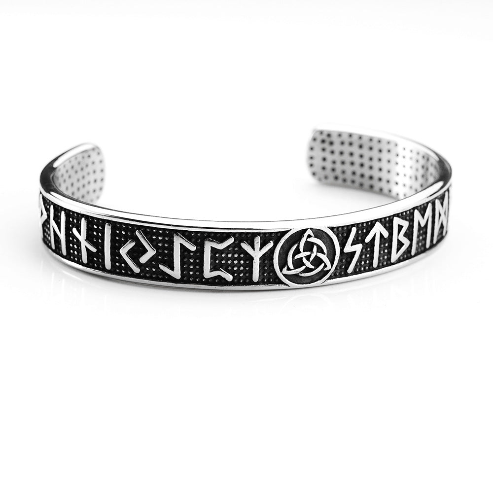 Men's Nordic Pirate Vintage Solid Stainless Steel Open C Cuff Bracelet, Engraved Viking Rune Symbols Adjustable Retro Bangle