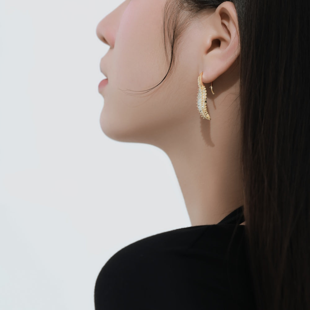 Women's Leaf Shape Drop Earrings, Tapered Baguette Zirconia Paved, S925 with 18K Gold Plating