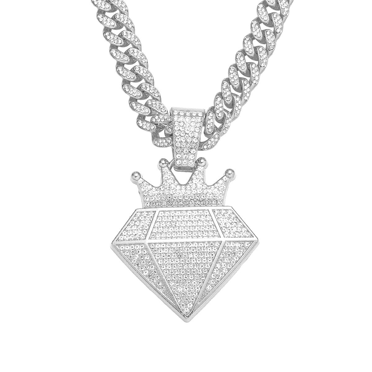 Hip-Hop Crown Diamond-Shaped Cuban Chain Pendant Necklace