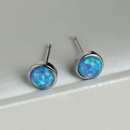 Women's Bezel‑Set Round Stud Earrings, Blue Opal / White Opal