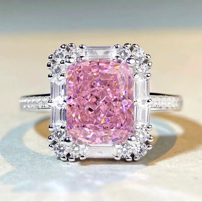 Women's White Gold Rectangle Pink Gem Adjustable Halo Ring