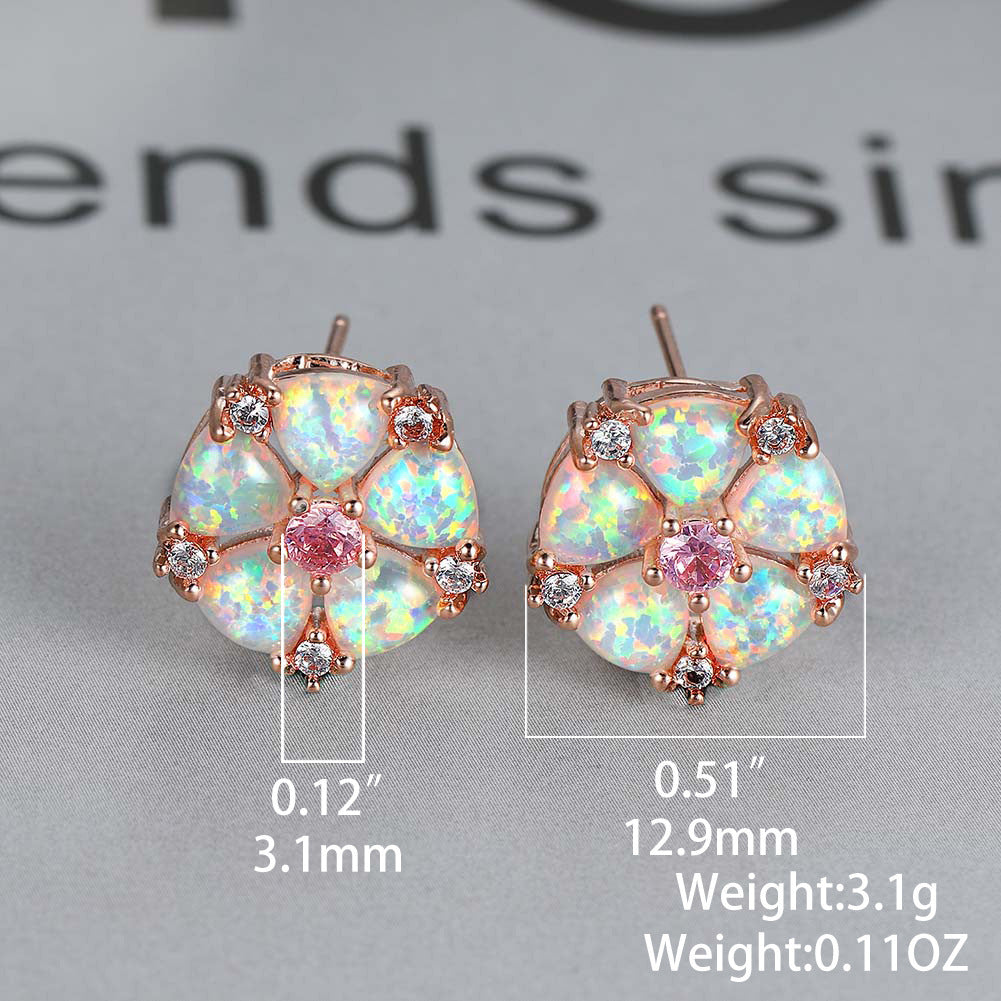 Women's Flower‑Shape Stud Earrings, Opal With Zirconia Inlay, White Gold Plating