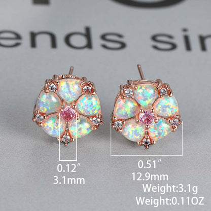 Women's Flower‑Shape Stud Earrings, Opal With Zirconia Inlay, White Gold Plating