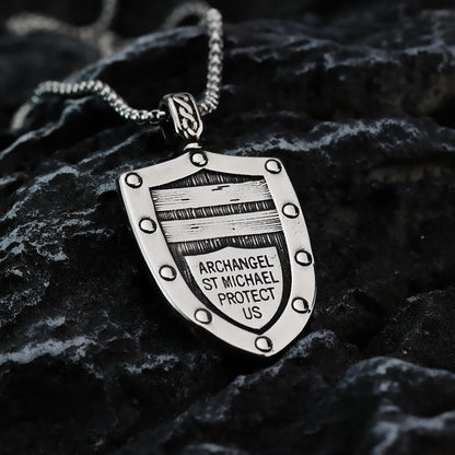 Men's Steel Vintage Archangel St Michael Shield Double Sided Pendant Necklace