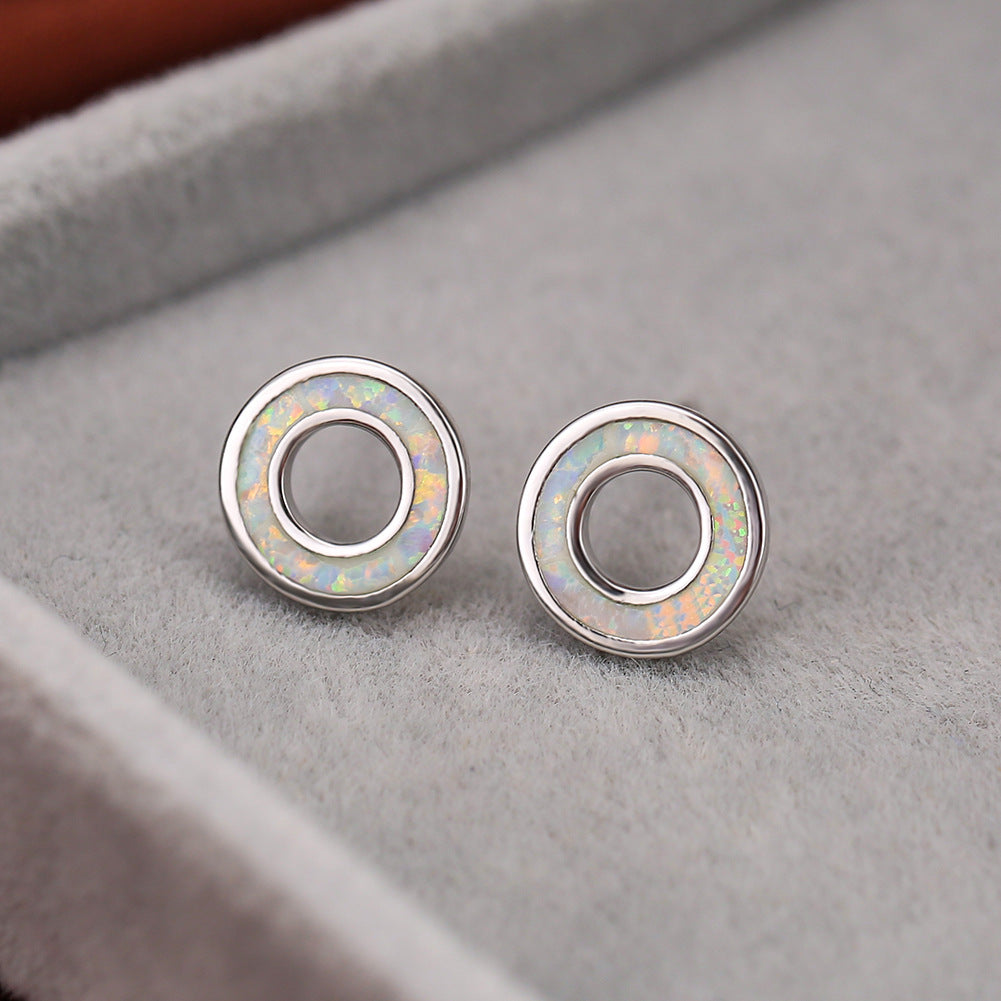 Women's Hollow Circle Stud Earrings, Blue Opal / White Opal Inlay, with White Gold Plating