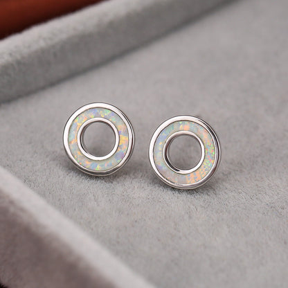 Women's Hollow Circle Stud Earrings, Blue Opal / White Opal Inlay, with White Gold Plating