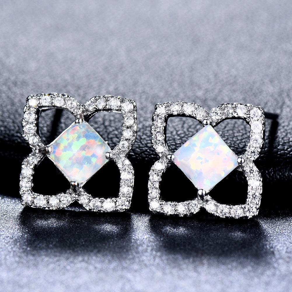 Women's Hollow Clover Square Opal Stud Earrings With Zirconia Halo, with White Gold Plating