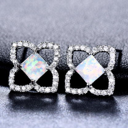 Women's Hollow Clover Square Opal Stud Earrings With Zirconia Halo, with White Gold Plating