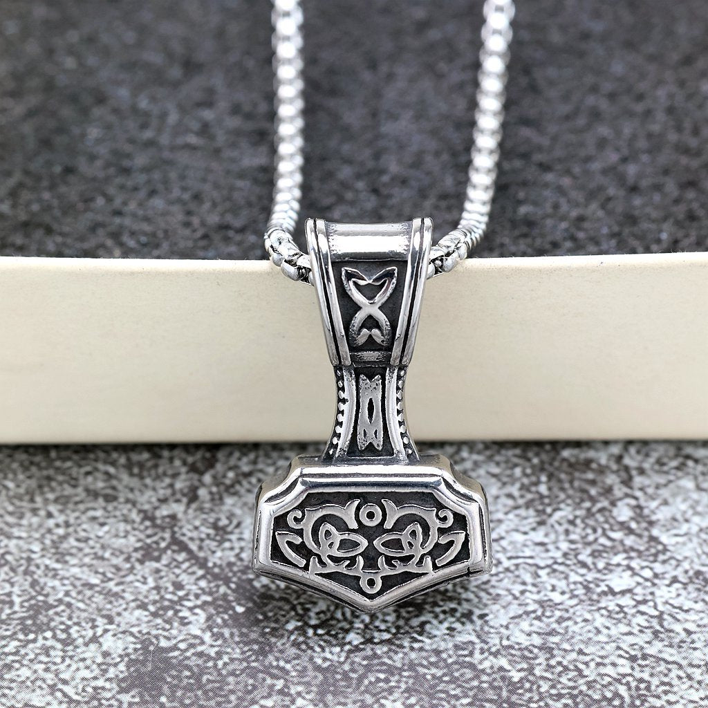 Vintage Antique Oxidized Stainless Steel Men's Viking Mjolnir Rune Totem Pendant Necklace