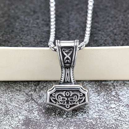 Vintage Antique Oxidized Stainless Steel Men's Viking Mjolnir Rune Totem Pendant Necklace
