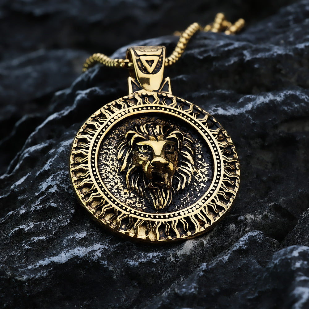 Men's Steel Lion Head Round Pendant Necklace