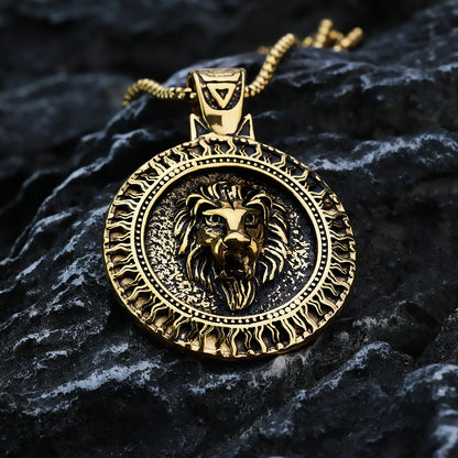 Men's Steel Lion Head Round Pendant Necklace