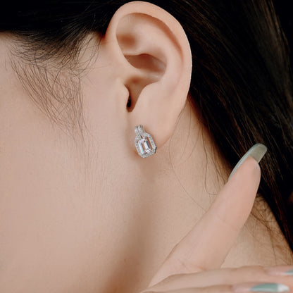 Women's Geometric Frame Stud Earrings, Rectangular Center Zirconia With Paved Round Zirconia Halo, S925 with White Gold Platin