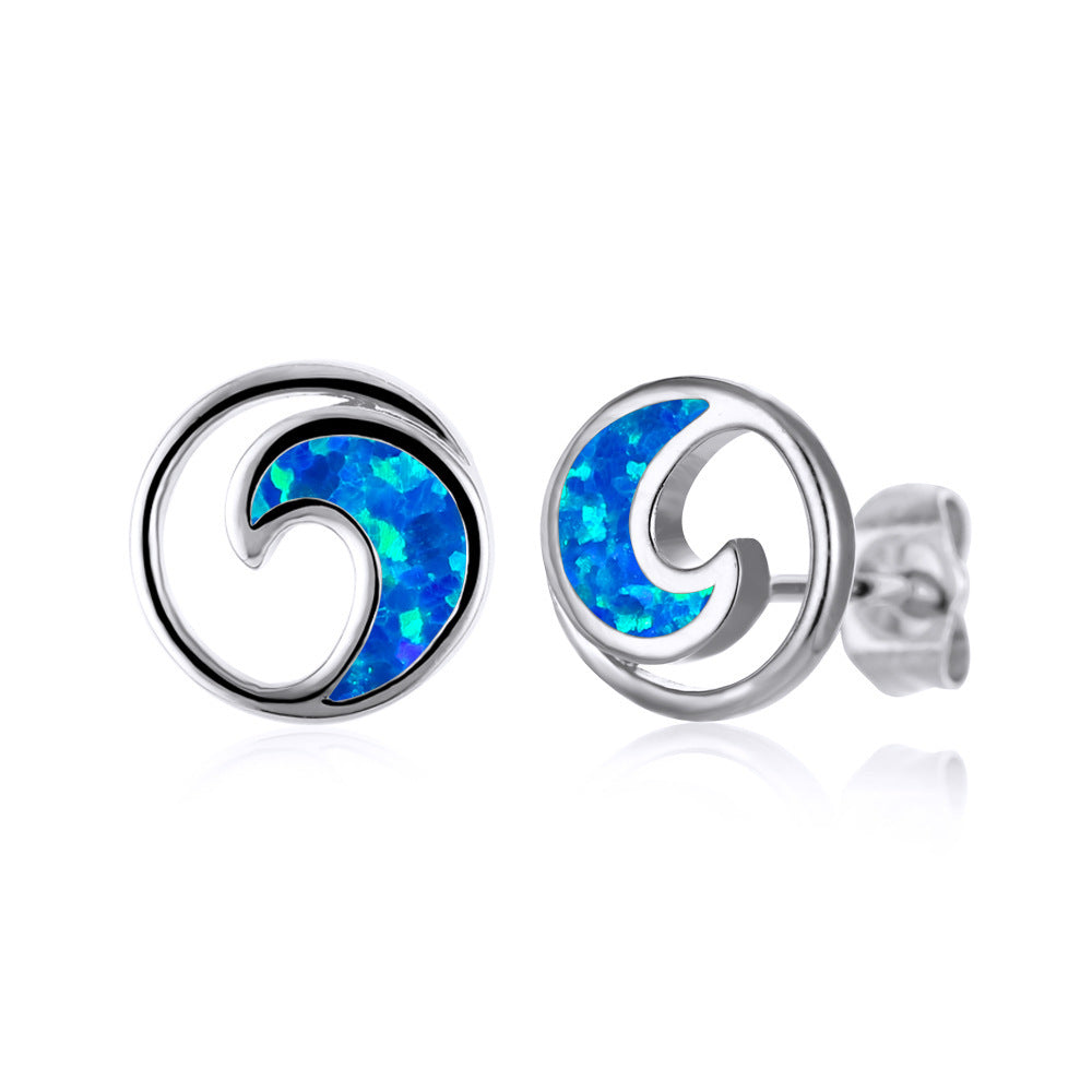 Women's Round Ocean Wave Opal Stud Earrings, Inlaid with Blue Opal & White Opal, with White Gold Plating / Gold Plating