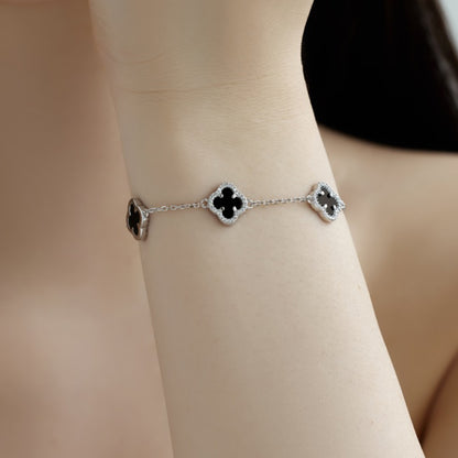 Women's Delicate Bracelet, Black Onyx & Round White Zirconia Inlay Clover Design, S925 with White Gold Plating