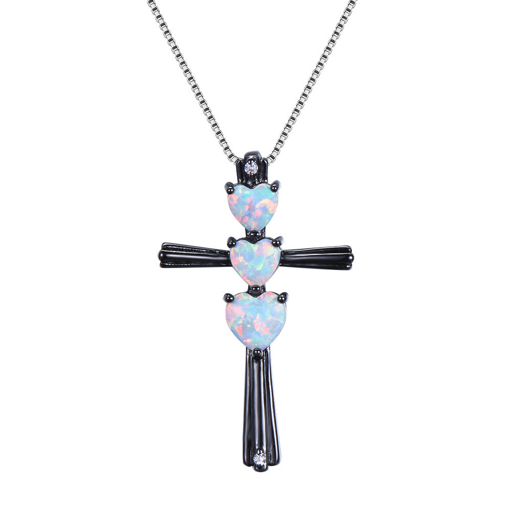 Three-love heart Opal Cross necklace