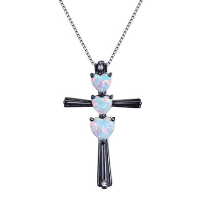 Three-love heart Opal Cross necklace