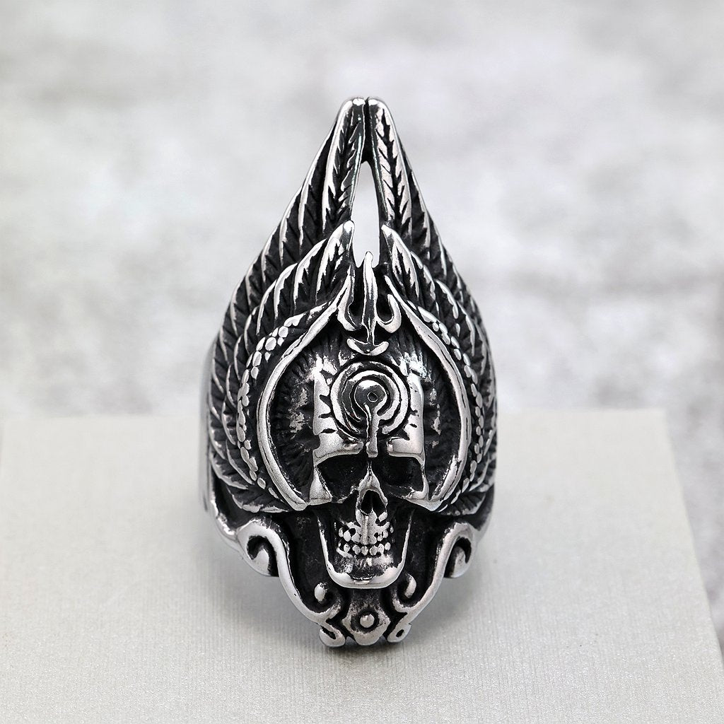 Vintage Stainless Steel Punk Hollow Winged Skull Ring for Men