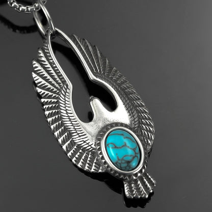 Men's Steel Flying Eagle With Turquoise Pendant Necklace