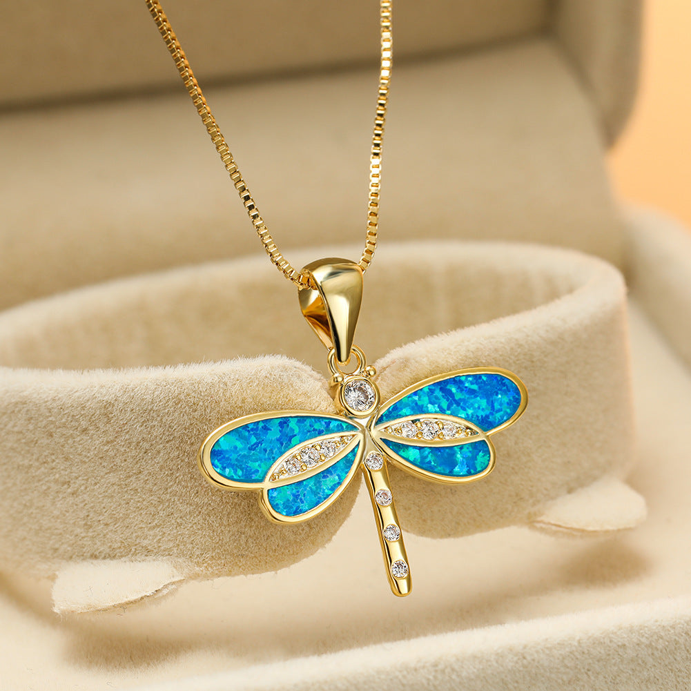 New Ins-style minimalist gold dragonfly blue opal necklace for women