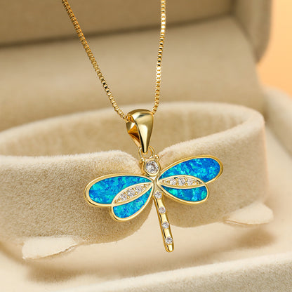 New Ins-style minimalist gold dragonfly blue opal necklace for women