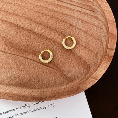 Women's High‑end Versatile Round Huggie Earrings, Full Paved Zirconia, S925 with Gold Plating