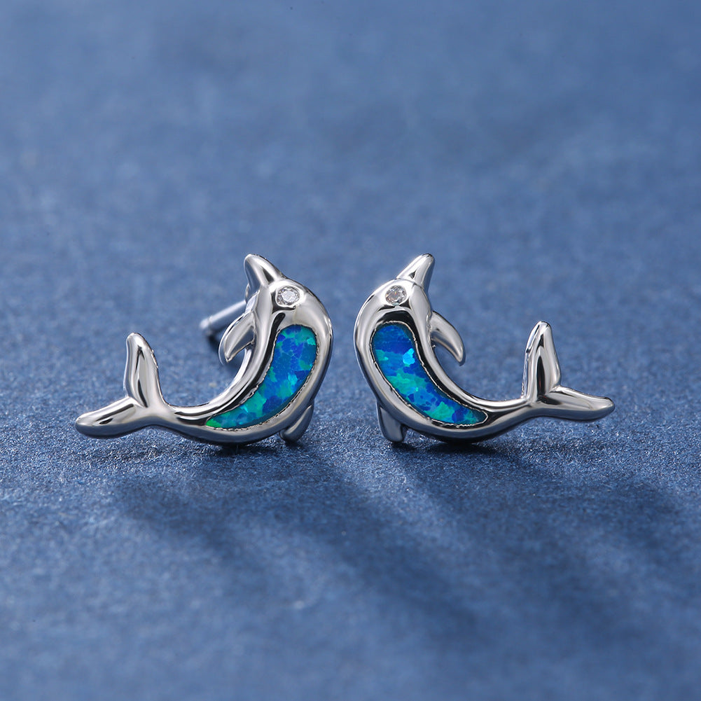 Women's Dolphin‑Shape Curved Blue / White Opal With Zirconia Accent Stud Earrings,