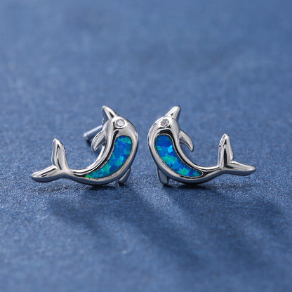 Women's Dolphin‑Shape Curved Blue / White Opal With Zirconia Accent Stud Earrings,