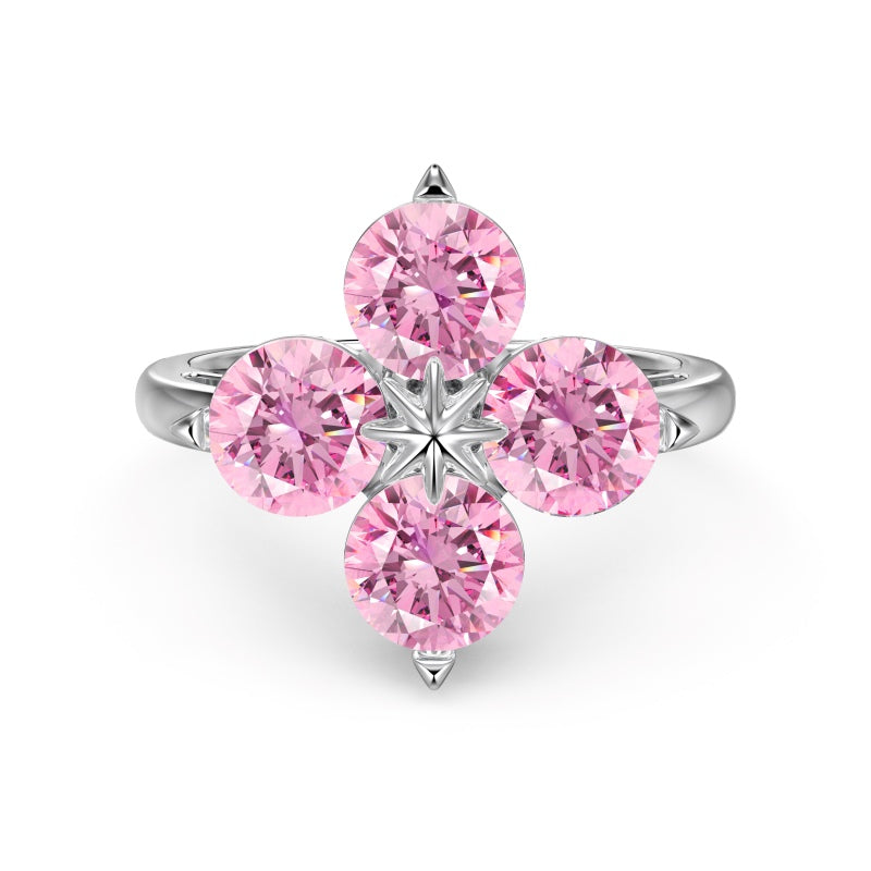 Women's S925 Silver White Gold Tone Ring, Pink Round Zircon Inlaid Four-Leaf Clover Eight-Pointed Star Ladies Fashion Ring