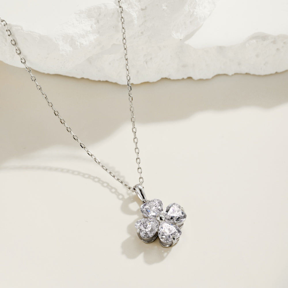 Women's Clover Pendant Necklace, Heart Shape Zirconia Accent, S925 with White Gold Plating