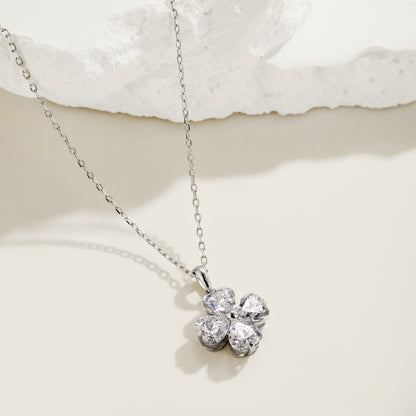 Women's Clover Pendant Necklace, Heart Shape Zirconia Accent, S925 with White Gold Plating
