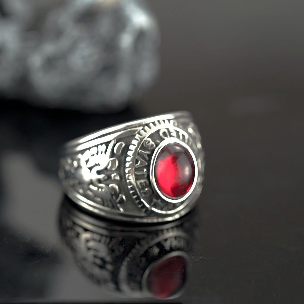 Vintage Solid Stainless Steel Inlaid Red Stone Dual Gun Letter Symbol Band Ring for Men