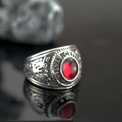 Vintage Solid Stainless Steel Inlaid Red Stone Dual Gun Letter Symbol Band Ring for Men